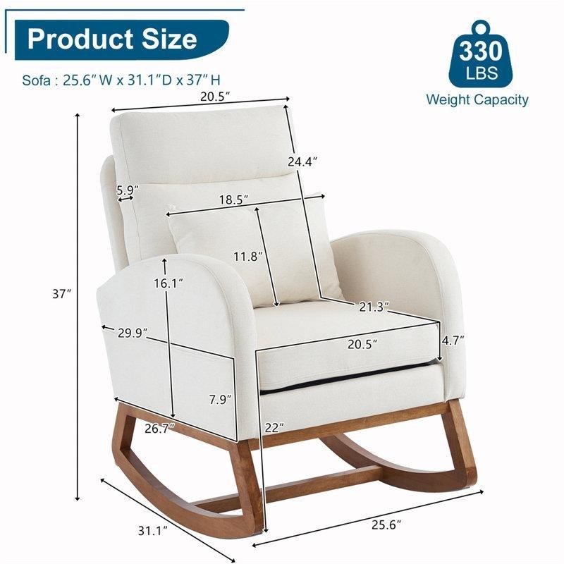 Beyaz Keten Kumaş Masif Ahşap Yüksek Sırtlıklı Sallanan Sandalye - 66x79x94 cm - 217970