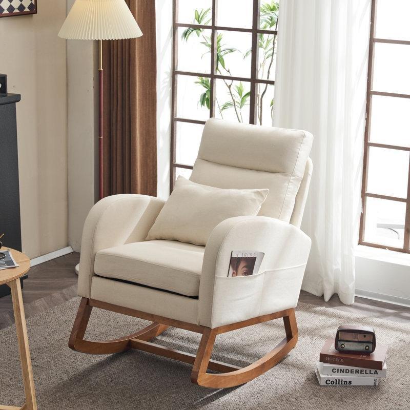 Beyaz Keten Kumaş Masif Ahşap Yüksek Sırtlıklı Sallanan Sandalye - 66x79x94 cm - 217970
