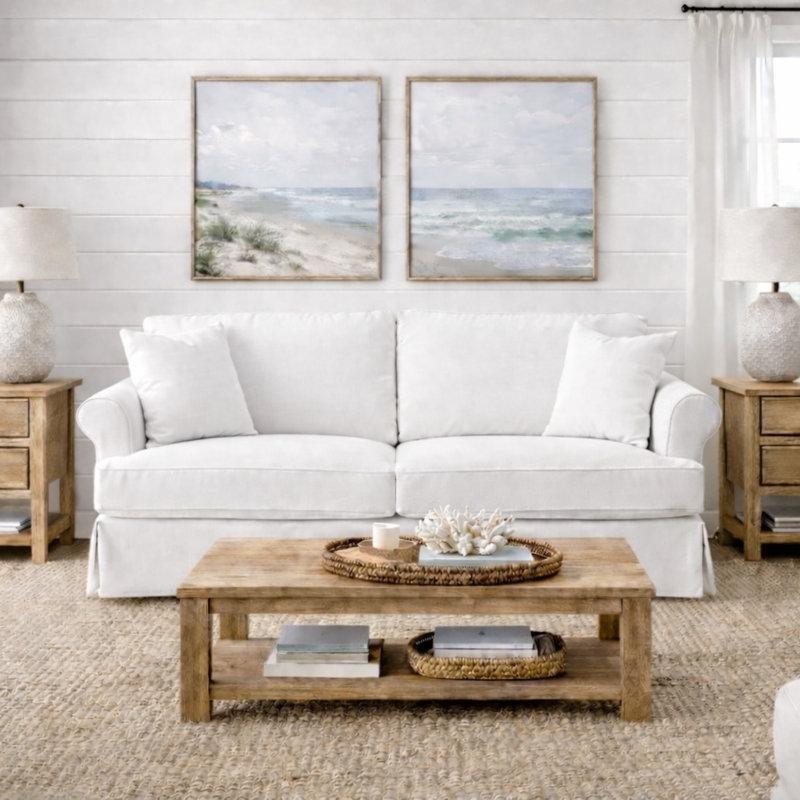 Beyaz Kılıflı Kıvrık Kollu Masif Ahşap Üçlü Koltuk - 211 cm - 195520