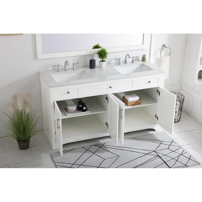 Beyaz Kompozit Mermer Tezgahlı Ahşap Çift Lavabolu Ayaklı Banyo Dolabı - 153 cm - 200058