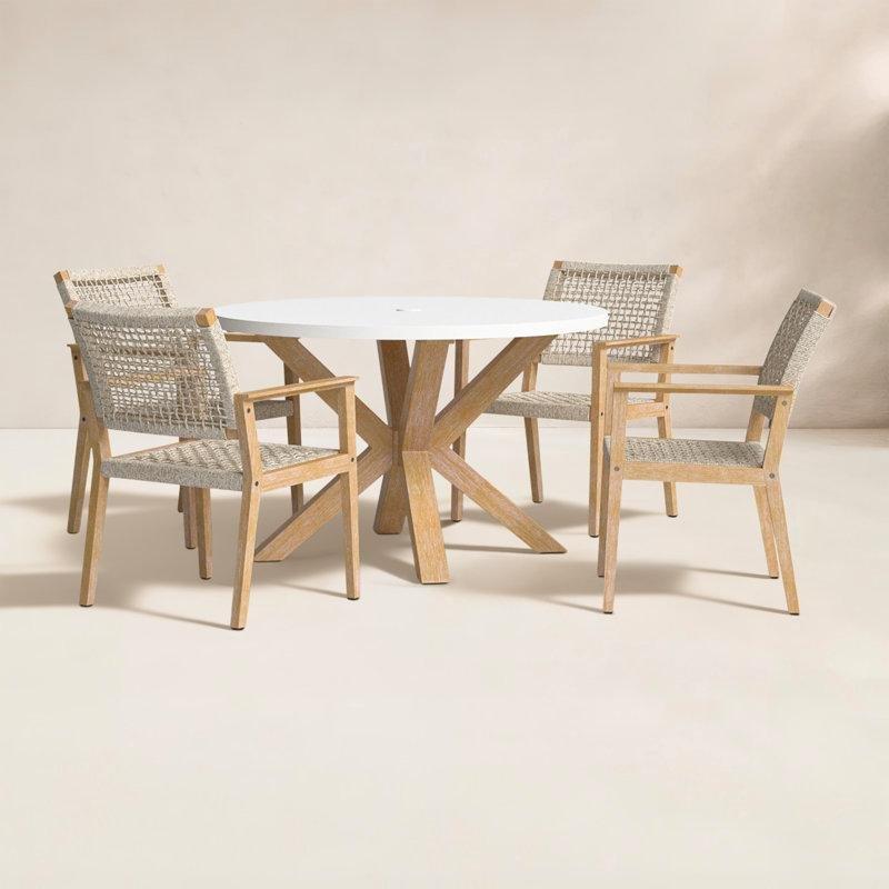 Beyaz Kompozit Tablalı Okaliptüs Ahşap Şemsiye Delikli Yuvarlak 4 Kişilik Bahçe Masa Takımı - 122 cm - 214307