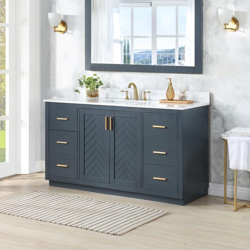 Beyaz Kompozit Taş Tezgahlı Masif Ahşap Balıksırtı Desenli 6 Çekmeceli Banyo Lavabo Dolabı - 153 cm - 197770