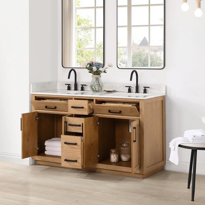 Beyaz Kompozit Taş Tezgahlı Masif Ahşap İkili Lavabolu Banyo Dolabı - 153 cm - 201934