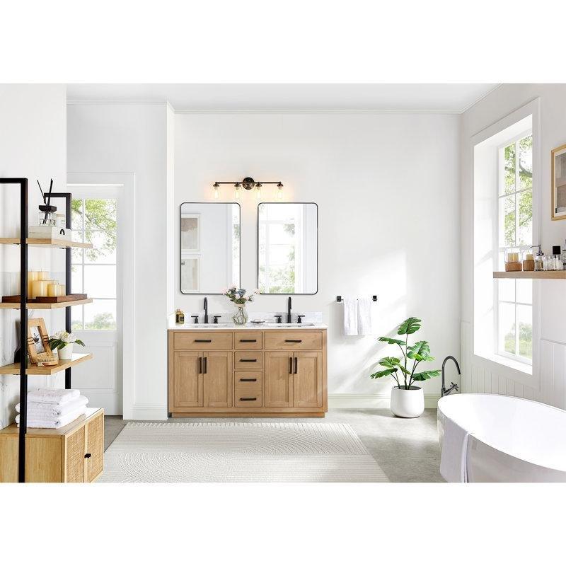 Beyaz Kompozit Taş Tezgahlı Masif Ahşap İkili Lavabolu Banyo Dolabı - 153 cm - 201934