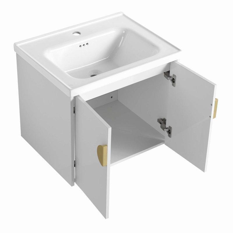 Beyaz Kontrplak Duvara Monte Çift Lavabolu Raflı Banyo Dolabı - 153 cm - 201204