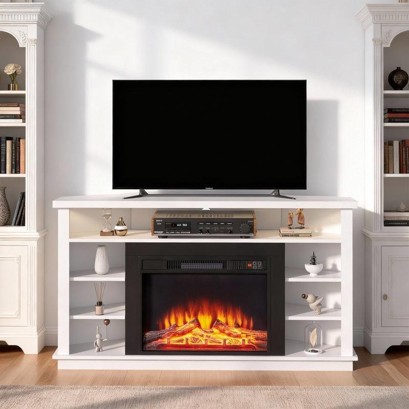 Beyaz Köşe Şömineli ve LED Aydınlatmalı Tv Ünitesi - 135 cm - 221098