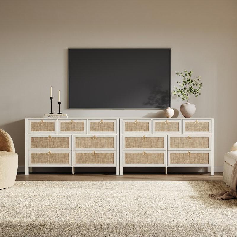 Beyaz Krem Meşe MDF Rattan Dokulu 7 Çekmeceli Gold Metal Kulplu Şifonyer - 130 cm - 182381