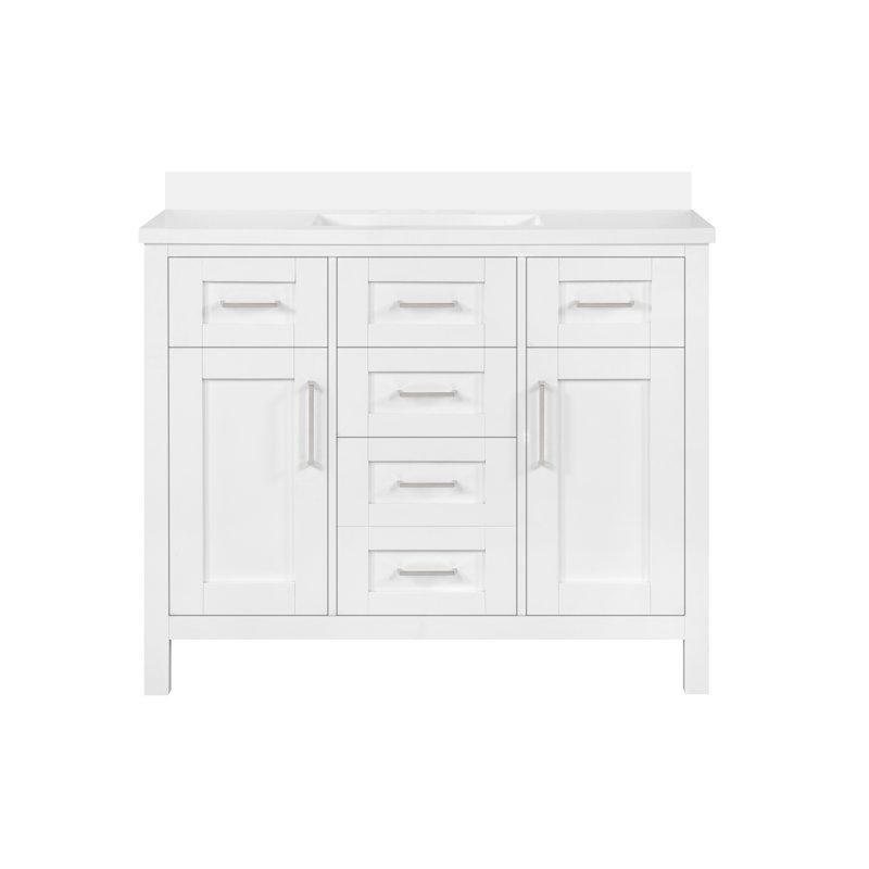 Beyaz Kültür Mermeri Tezgahlı Ahşap Dahili Prizli ve Yavaş Kapanır Banyo Lavabo Dolabı - 107 cm - 200584