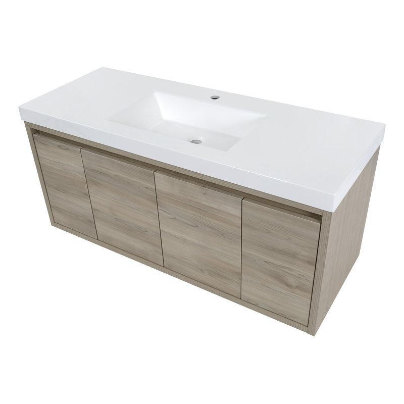Beyaz Kültür Mermeri Tezgahlı Ahşap Duvara Monte Yavaş Kapanır Banyo Lavabo Dolabı - 124 cm - 199306