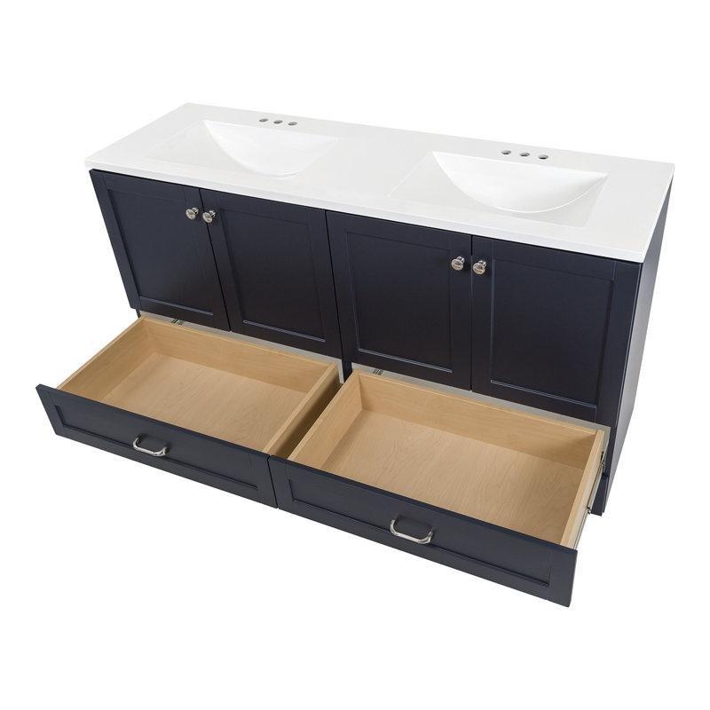 Beyaz Kültür Mermeri Tezgahlı Çift Lavabolu Suntalam Ayaklı Banyo Lavabo Dolabı - 154 cm - 200036