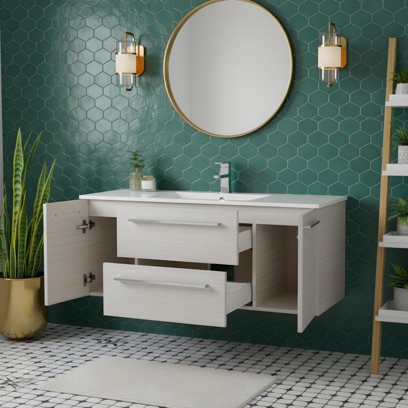 Beyaz Kültür Mermeri Tezgahlı Duvara Monte Çekmeceli Banyo Lavabo Dolabı - 122 cm - 200602