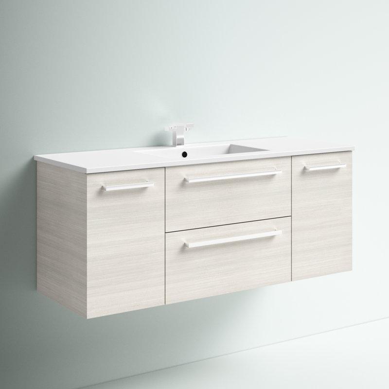 Beyaz Kültür Mermeri Tezgahlı Duvara Monte Çekmeceli Banyo Lavabo Dolabı - 122 cm - 200602