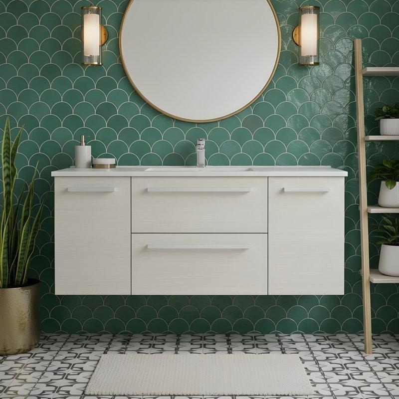 Beyaz Kültür Mermeri Tezgahlı Duvara Monte Çekmeceli Banyo Lavabo Dolabı - 122 cm - 200602