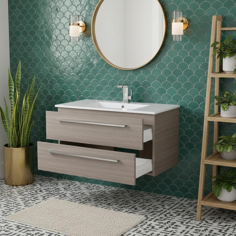 Beyaz Kültür Mermeri Tezgahlı Duvara Monte Yavaş Kapanır Çekmeceli Banyo Lavabo Dolabı - 92 cm - 199368