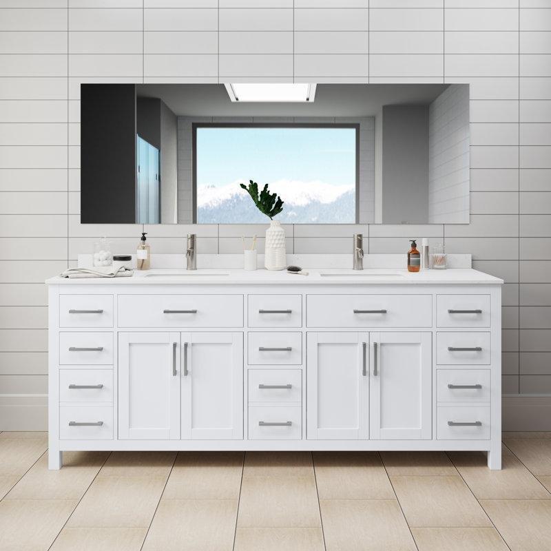 Beyaz Kültür Mermeri Tezgahlı Masif Meşe Ayaklı 9 Çekmeceli İkili Banyo Lavabo Dolabı - 214 cm - 202176