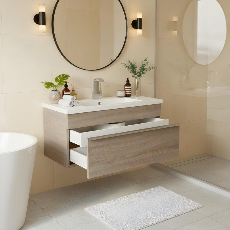 Beyaz Kültür Mermeri ve Dorato Endüstriyel Ahşap Duvara Monte Banyo Lavabo Dolabı - 77 cm - 198629