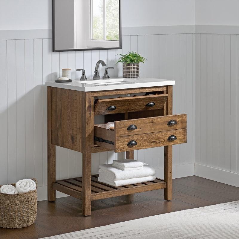 Beyaz Kültür Mermerli Masif Çam Ağacı Ayaklı Çekmeceli Banyo Lavabo Dolabı - 79 cm - 199435