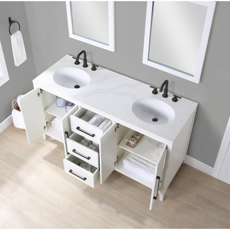 Beyaz Kuvars Tezgahlı İkili Lavabolu Çekmeceli Masif Ahşap ve MDF Banyo Lavabo Dolabı - 153 cm - 200040
