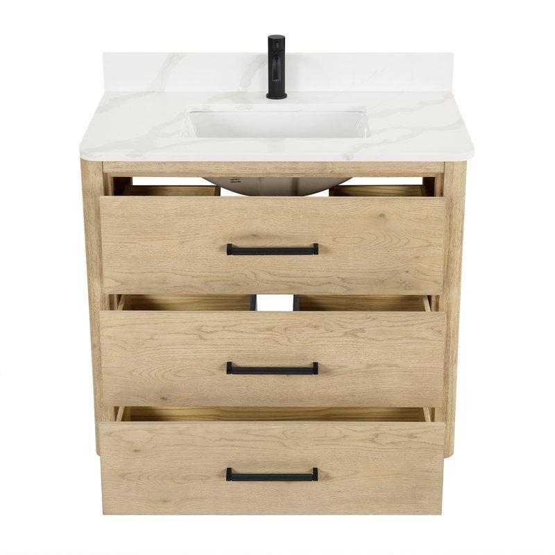 Beyaz Kuvars Tezgahlı Masif Ahşap Ayaklı Çekmeceli Banyo Lavabo Dolabı - 92 cm - 200911