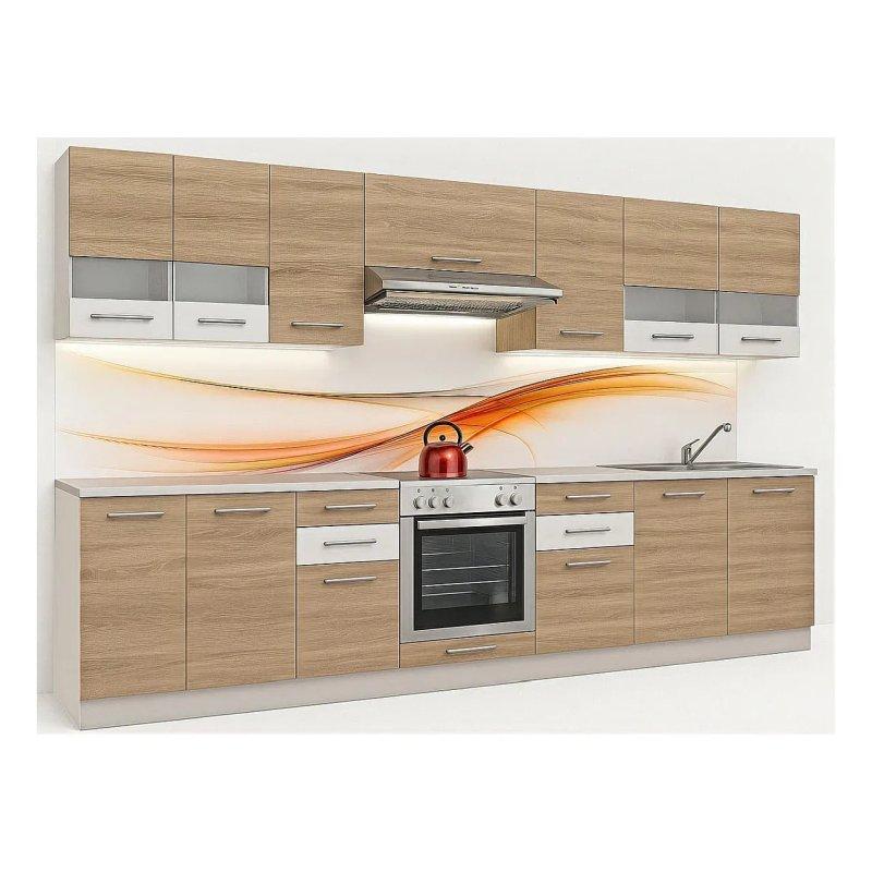 Beyaz Lake ve Ahşap Ankastre Fırın Bölmeli 10 Parçalı Camlı Modüler Mutfak Takımı - 300 cm - 186631