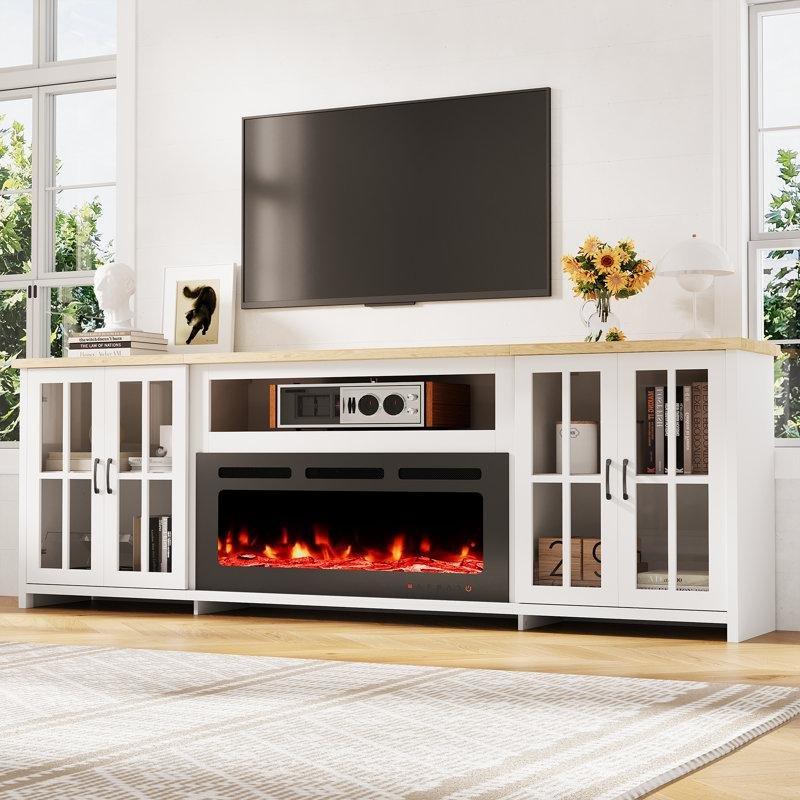 Beyaz LED Aydınlatmalı Elektrikli Şömineli Ayarlanabilir Raflı TV Ünitesi - 247 cm - 220393