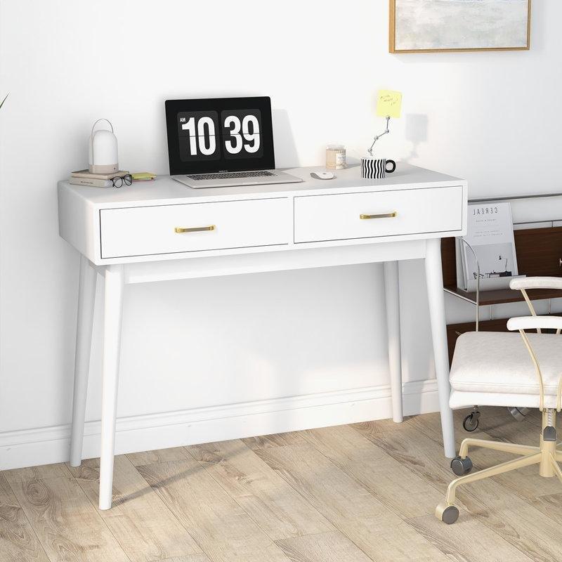 Beyaz Masif Ahşap 2 Çekmeceli Kompakt Vintage Çalışma Masası - 100x40 cm - 234104