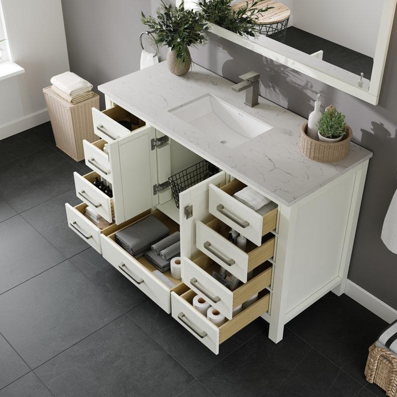 Beyaz Masif Ahşap 9 Çekmeceli Tezgah Altı Lavabolu Banyo Dolabı - 107 cm - 197842