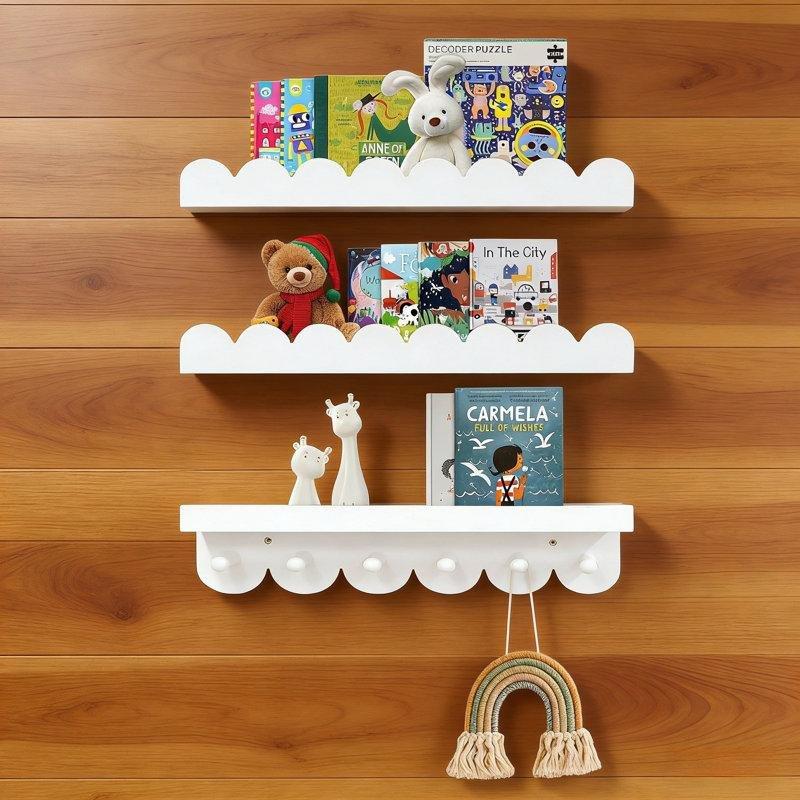 Beyaz Masif Ahşap Askılı ve Deniz Dalgası Kenarlı 3lü Duvar Rafı Seti - 41 cm - 179967