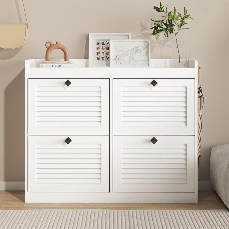 Beyaz Masif Ahşap Ayaklı 4 Düşer Kapaklı İnce Ayakkabılık - 105 cm - 227322