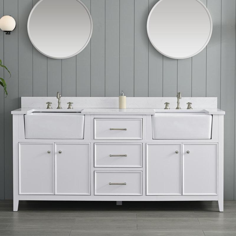 Beyaz Masif Ahşap Ayaklı İkili Banyo Lavabo Dolabı Kompoze Taş Tezgahlı - 183 cm - 199826