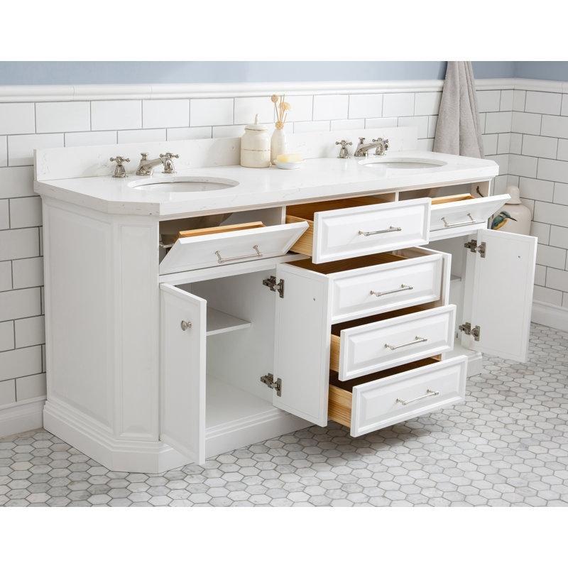 Beyaz Masif Ahşap Ayaklı ve Endüstriyel Mermer Tezgahlı İkili Banyo Lavabo Dolabı - 183 cm - 201908