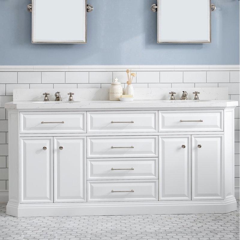 Beyaz Masif Ahşap Ayaklı ve Endüstriyel Mermer Tezgahlı İkili Banyo Lavabo Dolabı - 183 cm - 201908