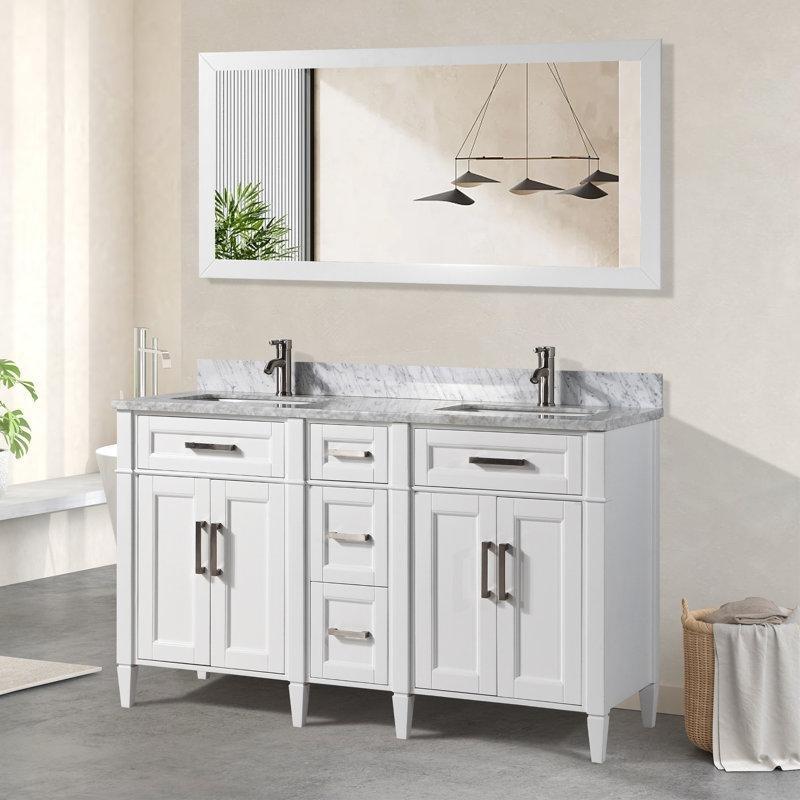 Beyaz Masif Ahşap Aynalı Carrara Mermer Tezgahlı İkili Banyo Lavabo Dolabı - 153 cm - 199854