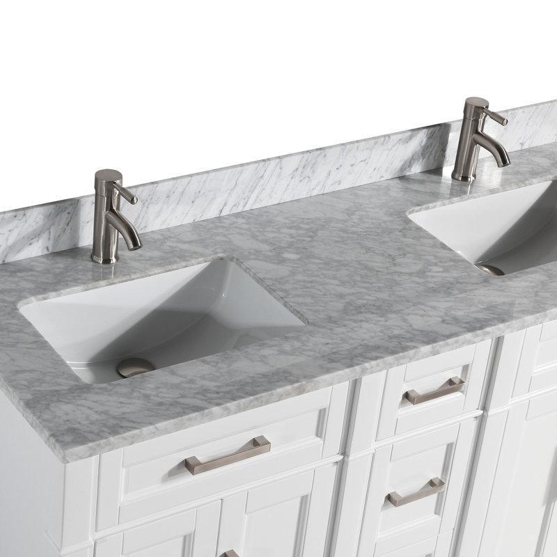 Beyaz Masif Ahşap Aynalı Carrara Mermer Tezgahlı İkili Banyo Lavabo Dolabı - 153 cm - 199854