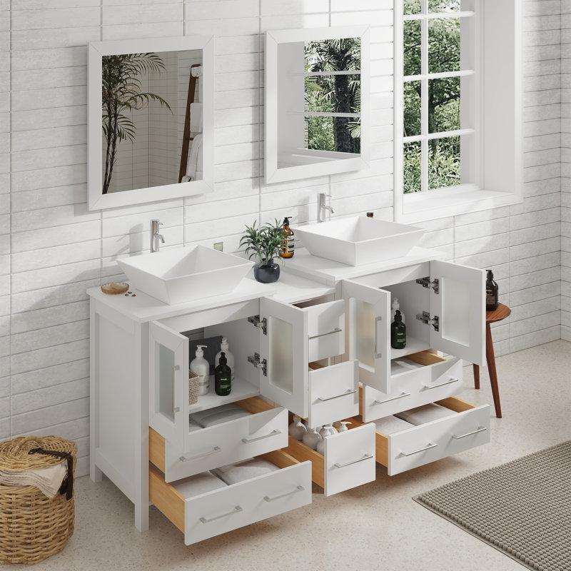 Beyaz Masif Ahşap Aynalı Çift Lavabolu Mermer Tezgahlı Banyo Dolabı - 153 cm - 202133