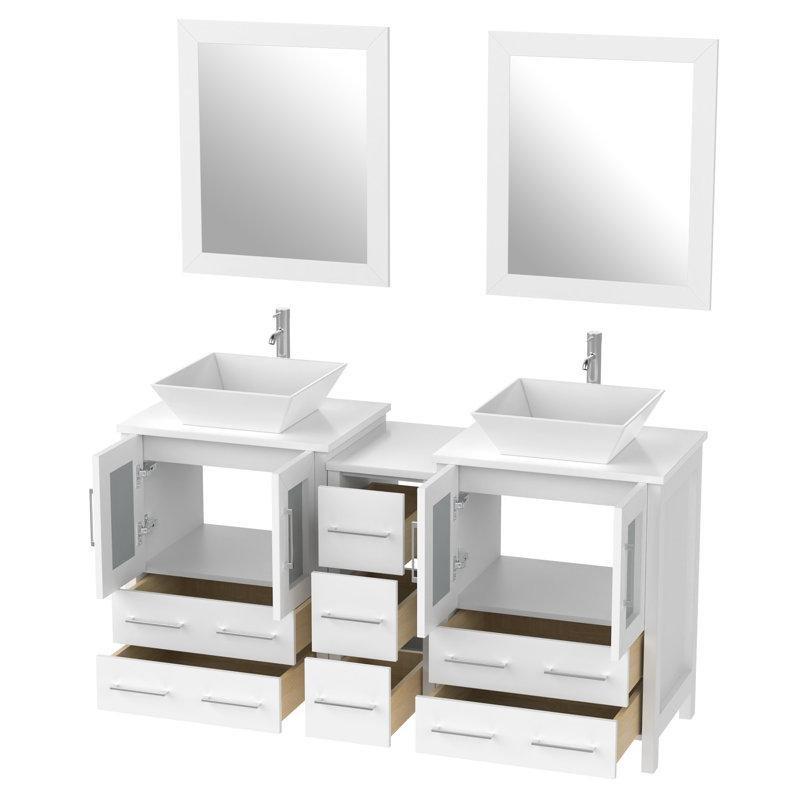 Beyaz Masif Ahşap Aynalı Çift Lavabolu Mermer Tezgahlı Banyo Dolabı - 153 cm - 202133