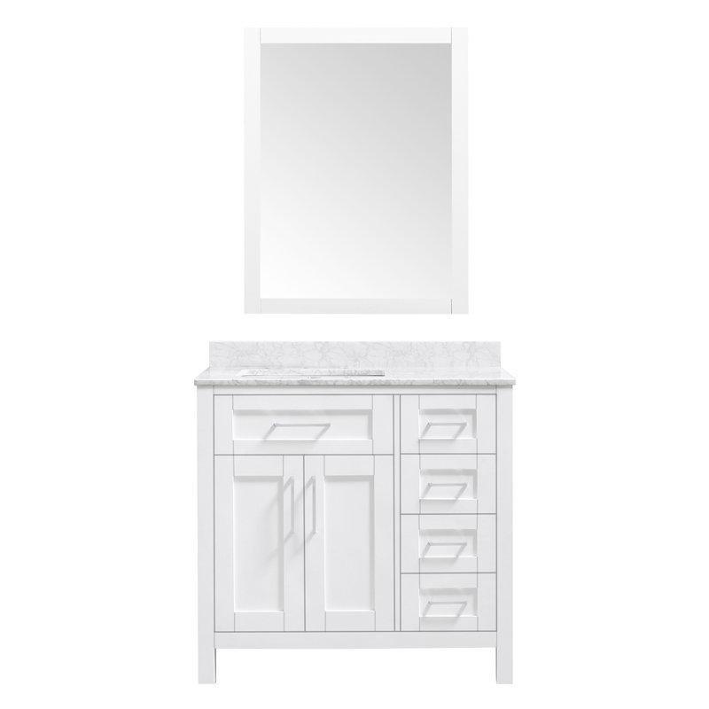Beyaz Masif Ahşap Aynalı Mermer Tezgahlı Yavaş Kapanır Banyo Lavabo Dolabı - 92 cm - 200977