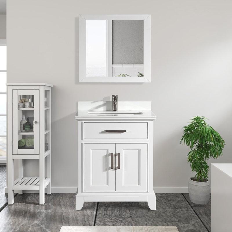 Beyaz Masif Ahşap Aynalı ve Çekmeceli Mermer Tezgahlı Banyo Lavabo Dolabı - 77 cm - 199196