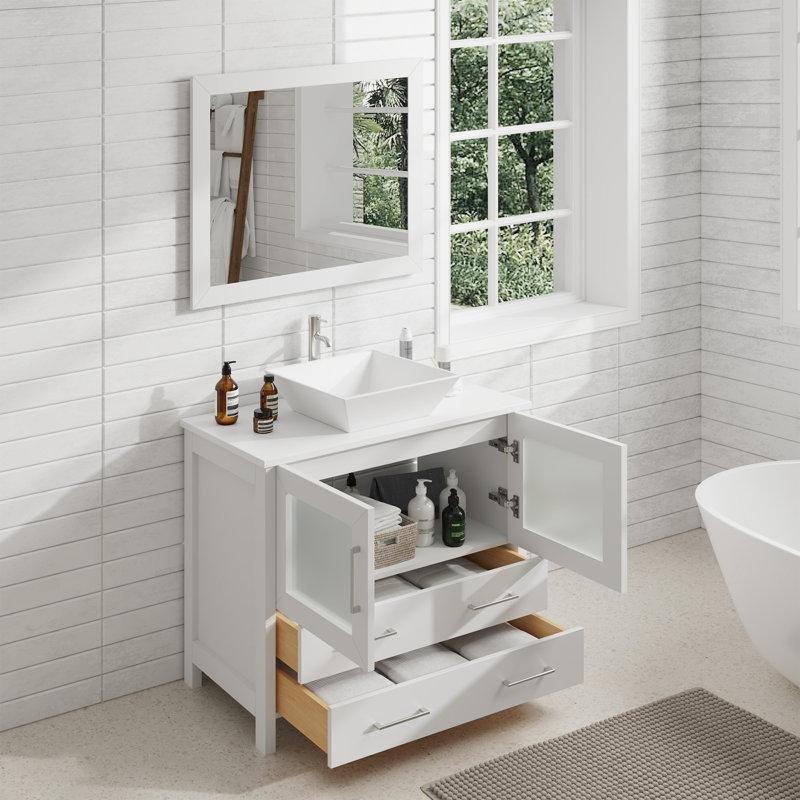 Beyaz Masif Ahşap Aynalı ve Mermer Kompozit Tezgahlı Çekmeceli Banyo Lavabo Dolabı - 92 cm - 197978