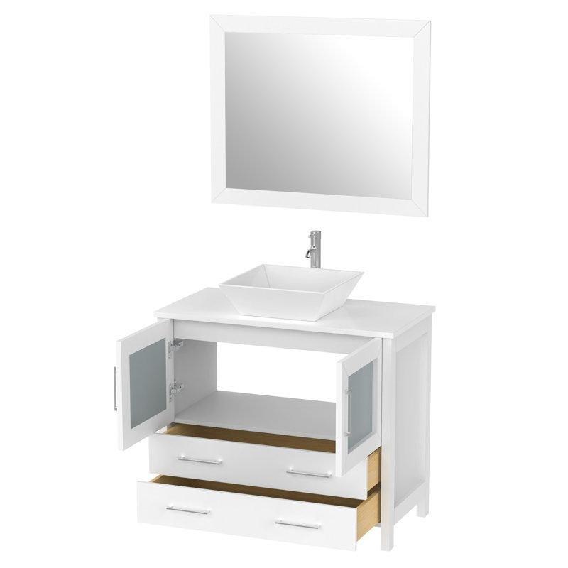 Beyaz Masif Ahşap Aynalı ve Mermer Kompozit Tezgahlı Çekmeceli Banyo Lavabo Dolabı - 92 cm - 197978