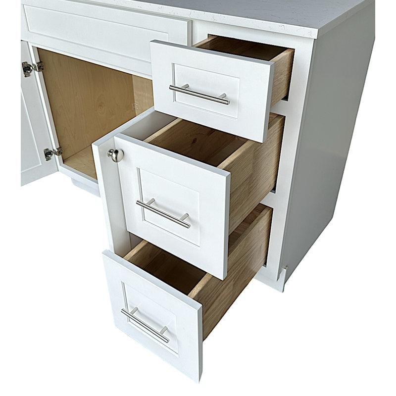 Beyaz Masif Ahşap Boy Dolaplı Carrara Kuvars Tezgahlı Banyo Lavabo Dolabı - 140 cm - 198566