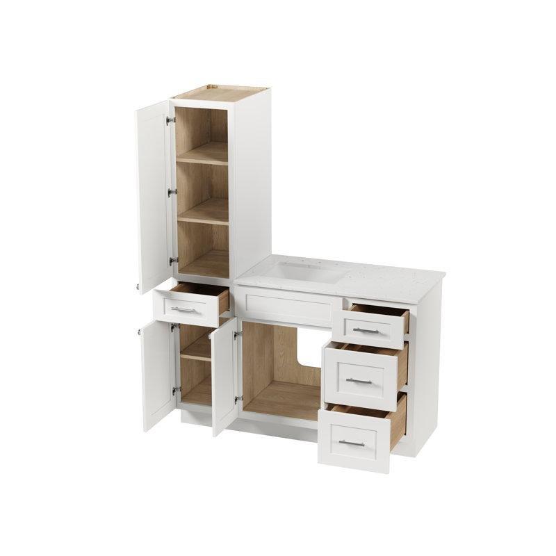 Beyaz Masif Ahşap Boy Dolaplı Carrara Kuvars Tezgahlı Banyo Lavabo Dolabı - 140 cm - 198566