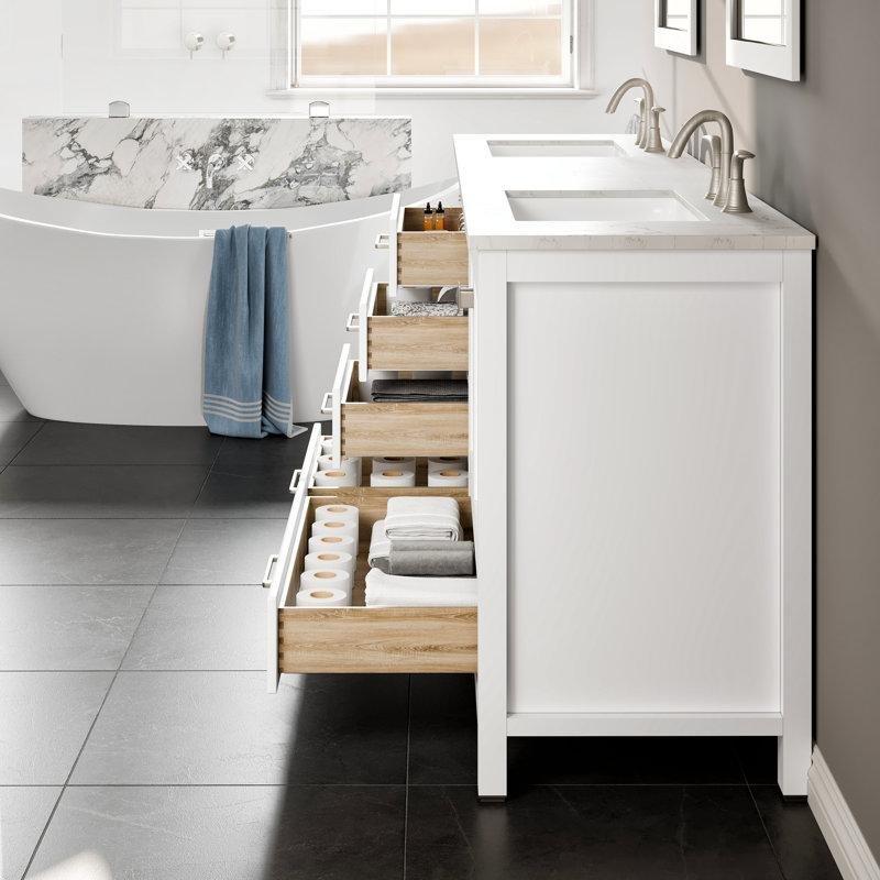 Beyaz Masif Ahşap Carrara Kuvars Tezgahlı Çift Lavabolu Banyo Lavabo Dolabı - 214 cm - 198779