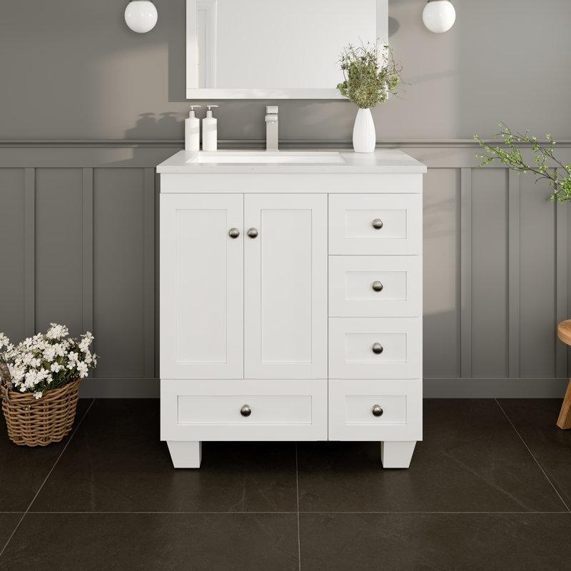 Beyaz Masif Ahşap Carrara Kuvars Tezgahlı Yavaş Kapanır Banyo Lavabo Dolabı - 77x46 cm - 201385