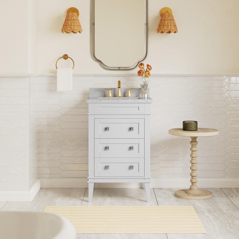 Beyaz Masif Ahşap Carrara Mermer Tezgahlı 3 Çekmeceli Banyo Lavabo Dolabı - 61 cm - 200205