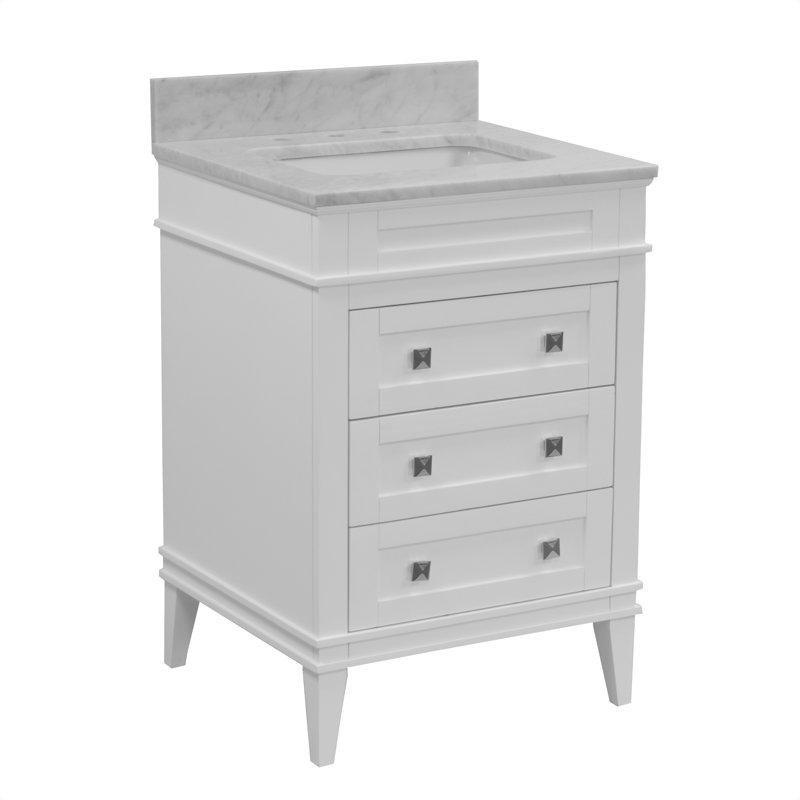 Beyaz Masif Ahşap Carrara Mermer Tezgahlı 3 Çekmeceli Banyo Lavabo Dolabı - 61 cm - 200205
