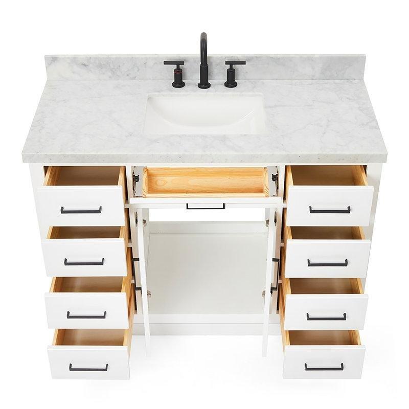 Beyaz Masif Ahşap Carrara Mermer Tezgahlı 9 Çekmeceli Banyo Lavabo Dolabı - 125 cm - 197705
