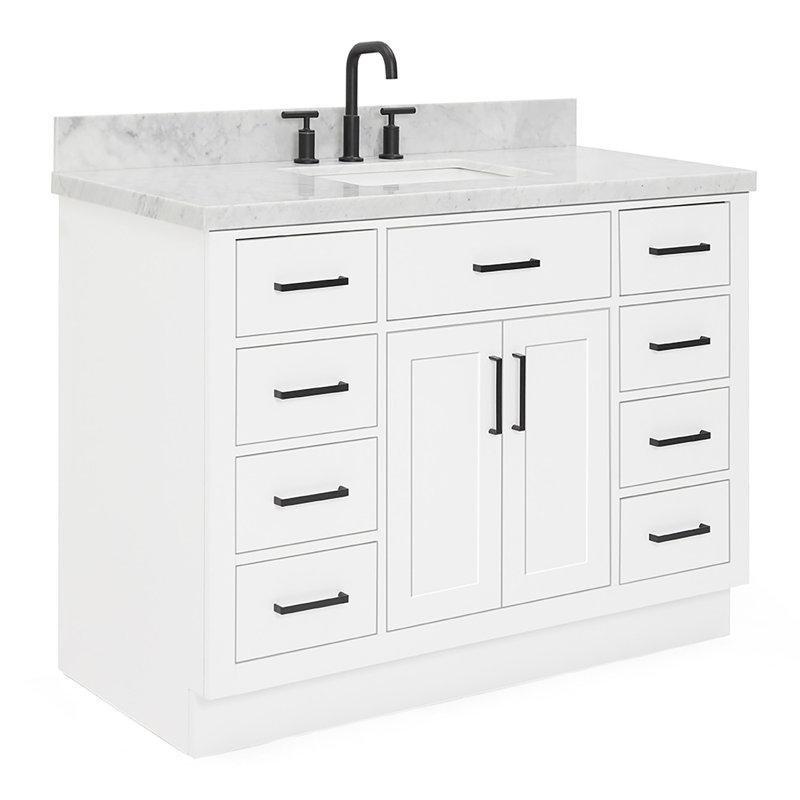 Beyaz Masif Ahşap Carrara Mermer Tezgahlı 9 Çekmeceli Banyo Lavabo Dolabı - 125 cm - 197705
