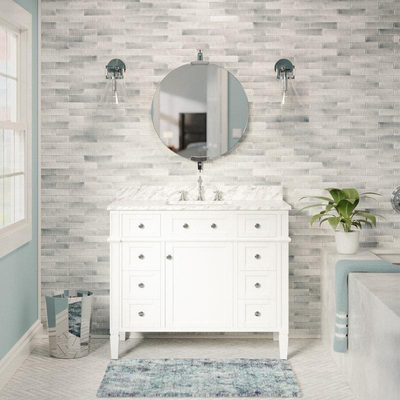 Beyaz Masif Ahşap Carrara Mermer Tezgahlı Ayaklı Banyo Lavabo Dolabı - 107 cm - 199846