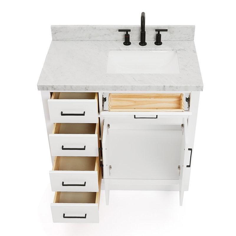 Beyaz Masif Ahşap Carrara Mermer Tezgahlı Çekmeceli Banyo Lavabo Dolabı - 94 cm - 198336